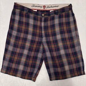 TOMMY BAHAMA Paradise Nation Men's Flat Front Linen Blend Plaid Shorts--35